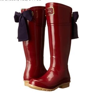 Joules Evedon Rain Boots in Red, with Navy Bow
